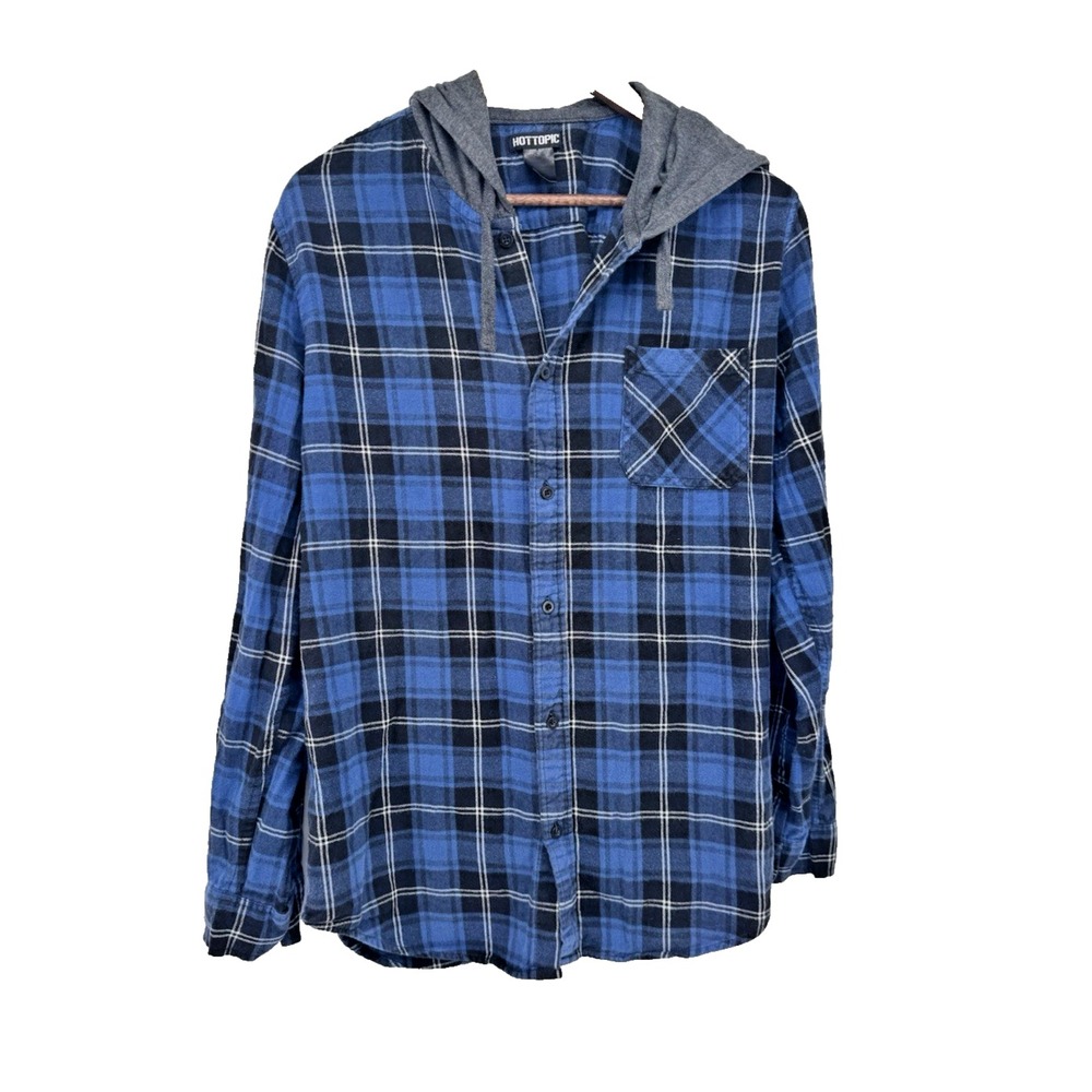 Hot Topic Black Blue Plaid Flannel Shacket Button Up Y2K Hoodie L grunge outdoor